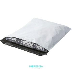 Custom printed wholesale shipping bags and poly mailers manufactured in Turkey by Korensa, showing stack of e-commerce packaging.