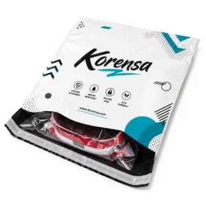 Custom printed wholesale shipping bags and poly mailers manufactured in Turkey by Korensa, showing stack of e-commerce packaging.